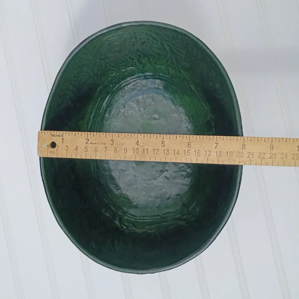 Vintage Floral Embossed Green Metal Oval Planter Cast Brass Pedestal Bowl MCM